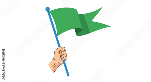 Human hand firmly holding a green flag on a blue pole signifying victory success or reaching a designated milestone.