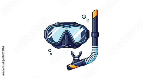 Diving mask and snorkel set for underwater swimming and exploration with blue and yellow accents on a white background.