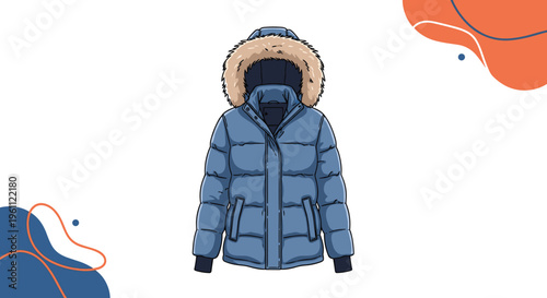 Blue quilted winter parka jacket with a fur-lined hood designed for cold weather protection in a flat illustration style.