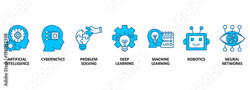 AI banner web icon vector illustration concept of artificial intelligence with icon of cybernetics, problem-solving, deep learning, machine learning, robotics 