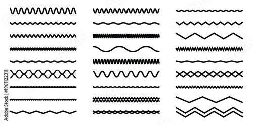 Vector water waves. Set of wavy zigzag lines. Wave thin line background. Vector zigzag and wavy horizontal underline. Collection of wavy or zigzag lines.