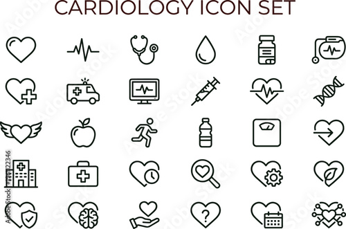 Cardiology medical outline icon set with heart health monitoring diagnostics emergency symbols for healthcare apps interfaces presentations dashboards education materials