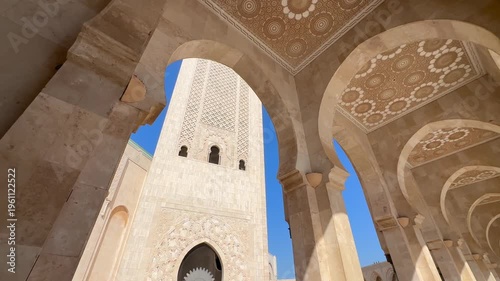 Low angle 4K video of The Hassan II Mosque largest mosque in Morocco.