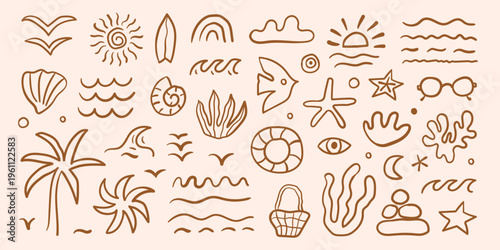 Set of abstract organic boho elements. Summer doodle tropical linear shapes. Vector illustration