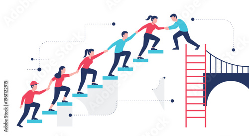 Six individuals in red and blue shirts are helping each other climb a series of light blue stairs towards a red ladder and a bridge.