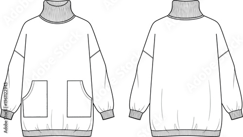 Oversized Turtleneck Sweatshirt Dress Technical Fashion Sketch with Drop Shoulders Front and Back View CAD Mockup for Apparel Design Templates Vector