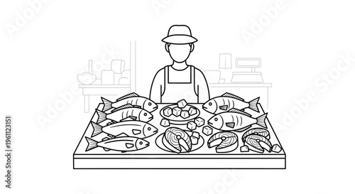 Man selling fish at market stall.