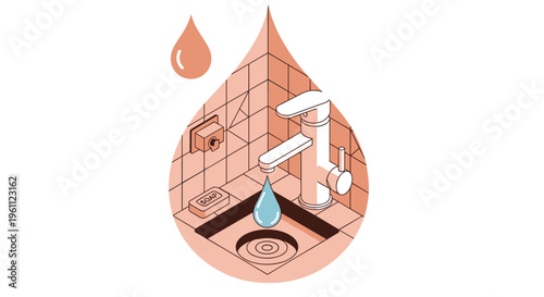 An isometric illustration shows a modern faucet dripping a blue water droplet into a drain within a large orange droplet.