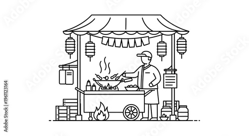 Man grilling food on street cart.