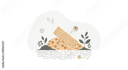 Two textured wood logs rest on a soil mound with small plants and subtle decomposition elements.