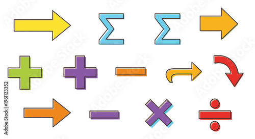 Set of Colorful Mathematical Operators and Directional Arrows with Outline in Various Hues on Isolated White Background