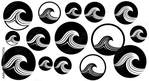 Collection of Black Ocean Wave Icons Enclosed in Circles of Various Sizes on Isolated White Background