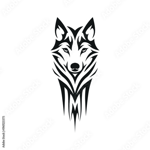 Wolf vector drawing. White background. In tribal style.
