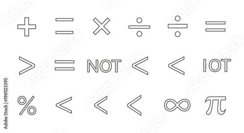 Comprehensive Collection of Mathematical and Logical Symbols Including Equals, Plus, Minus, Greater Than, Less Than, Infinity, Pi on Isolated White Background