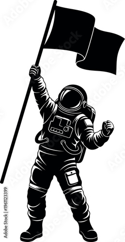 Astronaut holding flag in triumphant space exploration pose isolated image