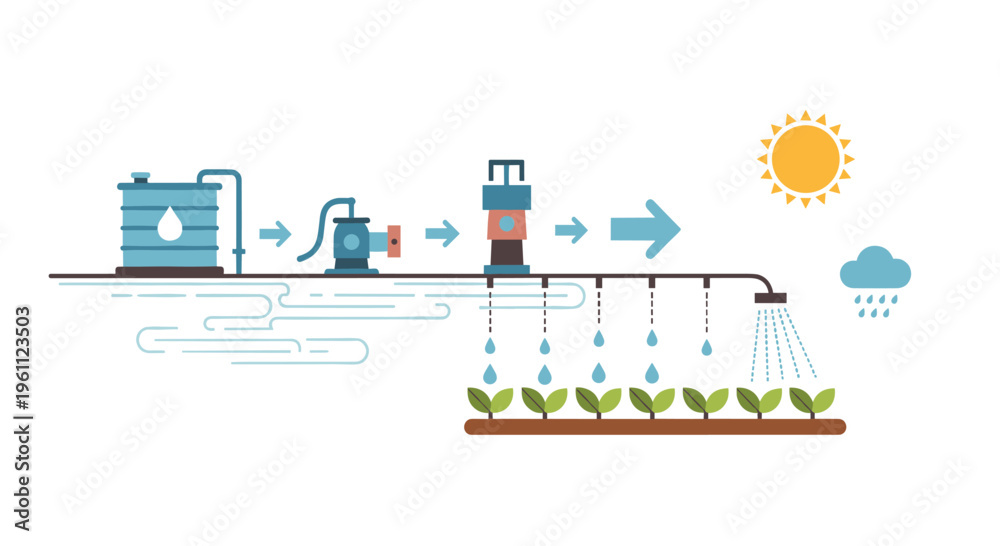 Fototapeta premium A diagram shows an irrigation system with a water tank, pump, pipes, and sprinklers watering plants.
