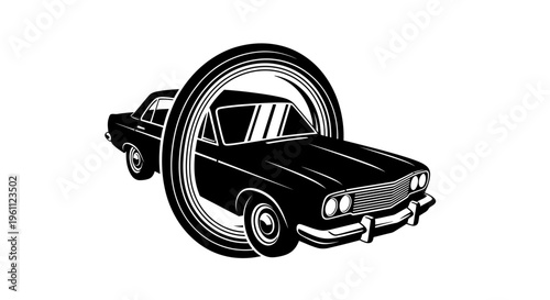 Vintage classic car in a circular frame, automotive industry logo, isolated white background
