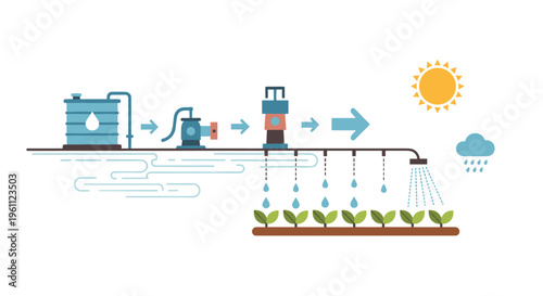 A diagram shows an irrigation system with a water tank, pump, pipes, and sprinklers watering plants.