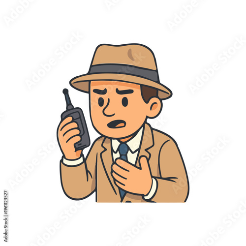 Retro journalist using walkie talkie. Classic reporter communicating urgently. Vintage newsman talking on radio