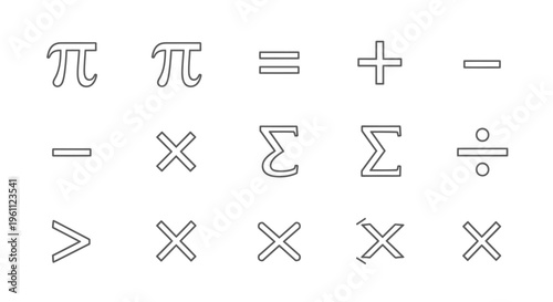 Collection of Basic Mathematical Symbols Including Pi, Equals, Plus, Minus, Multiply, Divide on Isolated White Background