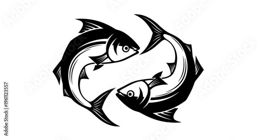 Two fish forming a circular yin yang symbol, black and white swimming aquatic animals, isolated white background