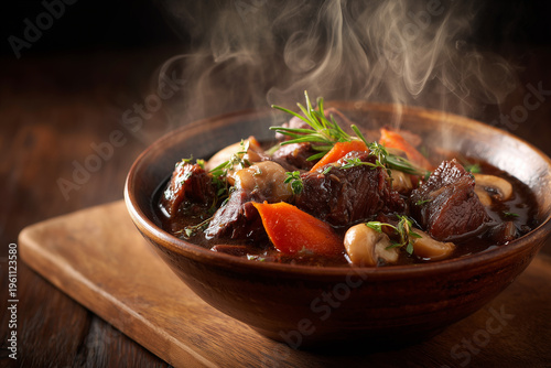 Beef bourguignon is a classic French dish, a slow-cooked beef stew with red wine sauce, carrots, mushrooms, and onions in a simple bowl.