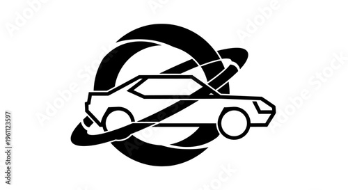 Car icon with circular orbiting arrows, symbolizing car sharing, recycling, or eco-friendly transportation, isolated white background.