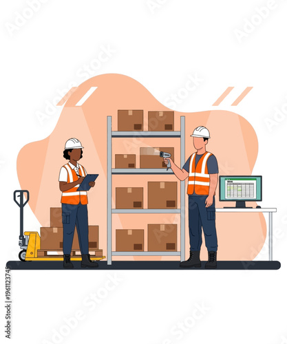 Warehouse inventory management workers scan packages and take notes near tall shelving units