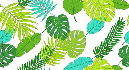 Tropical leaves seamless pattern, green monstera and palm leaf background, exotic summer foliage vector illustration for textile print