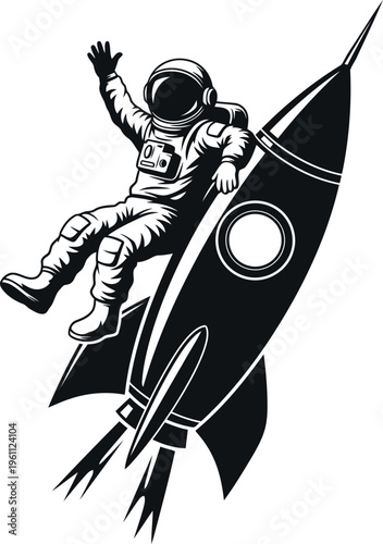 Astronaut Waving Excitedly Sitting On Top Rocket Launching Into Space