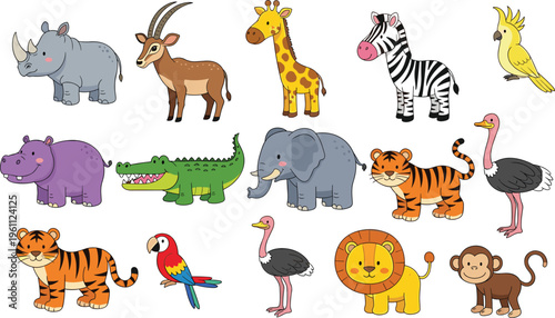 Cute Cartoon Safari Animal Set Featuring Rhino, Elephant, Giraffe, Zebra, Tiger, and More