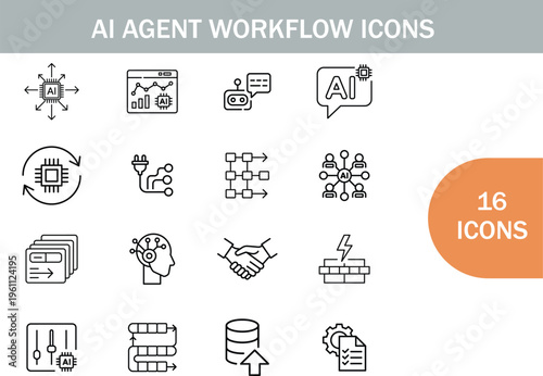 Ai agent workflow icons depicting automation data and intelligence high quality