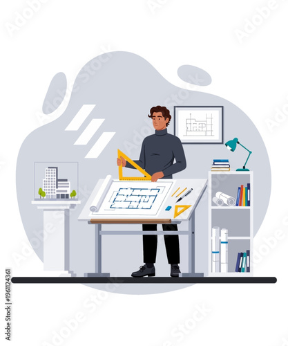 Young male architect busy working on a detailed blueprint design using professional drafting tools at his modern desk.