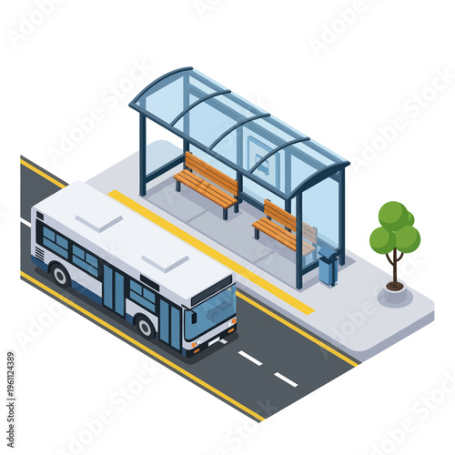 Isometric Bus Stop Scene with Bus and Seating Area.