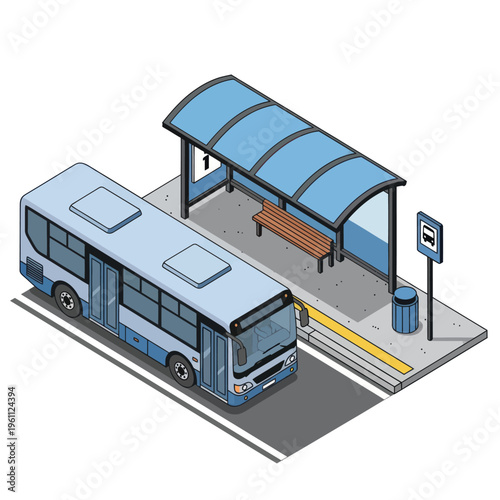 Isometric Bus Stop with Bus and Shelter Illustration.