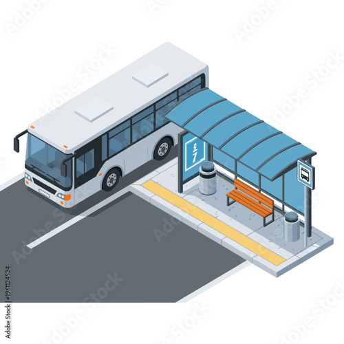 Isometric Bus and Bus Stop Illustration for Transportation Concept.