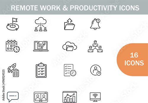 Remote work and productivity icons presented in a simple linear style