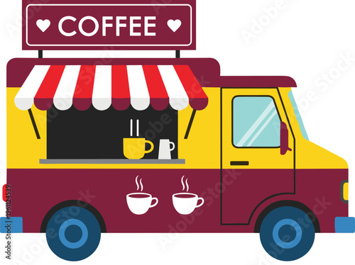 Coffee Truck Illustration Featuring a Colorful Design with Coffee Cups, Steaming Beverage, and a Cozy Vibe