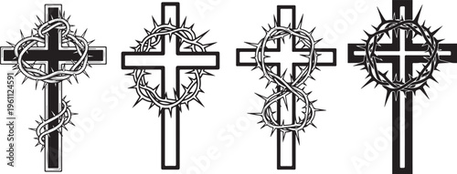 Holy Cross with Crown of Thorns Tattoo Collection – Christian Blackwork Ink Style Vector Set
