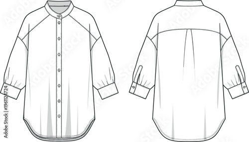 Women Oversized White Cotton Shirt Vector Flat Technical Sketch with Stand Collar Drop Shoulder Raglan Sleeves and Curved Hemline Illustration
