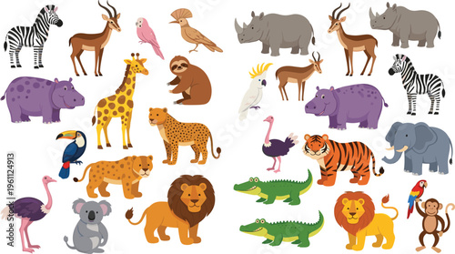 Collection of Wildlife and Jungle Animal Illustrations Featuring Lion, Tiger, Giraffe, Ostrich, Crocodile, and More Exotic Creatures