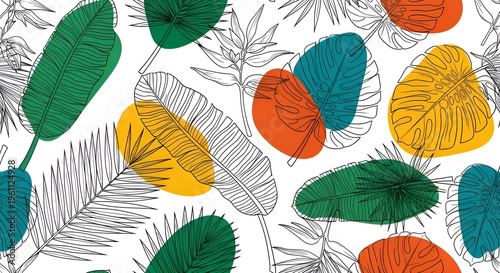 Tropical seamless pattern with abstract leaves, modern botanical background with jungle foliage, minimalist summer wallpaper for textile design