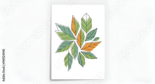 Minimalist botanical wall art print, geometric green and orange leaves poster, modern abstract foliage illustration for home decor