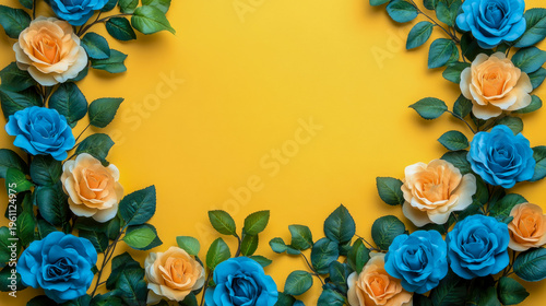 Vibrant arrangement of blue and peach roses with lush green leaves forming decorative border against bright yellow background, evoking cheerful and spring-like atmosphere.