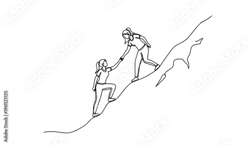Continuous line drawing women helping each other climb mountain teamwork leadership success concept vector