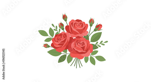 A beautiful bouquet of roses is carefully arranged with green leaves and buds on a white surface.