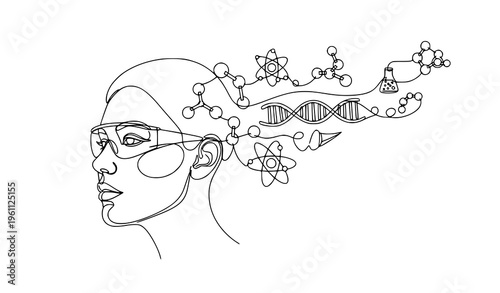 Abstract continuous line drawing female scientist profile with science symbols women in STEM concept vector