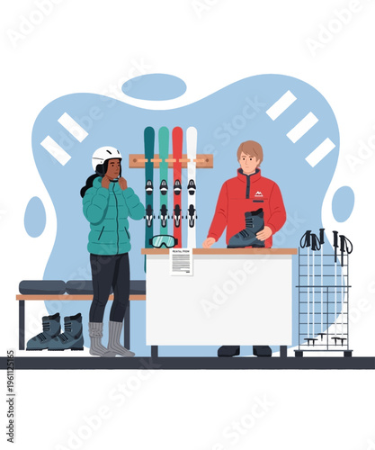Customer rents winter sports equipment from an attendant at a busy ski resort rental shop
