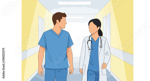A flat 2D cartoon illustration of a male and female healthcare professional walking down a hospital corridor on Labor Day.