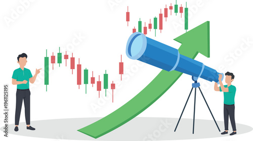 Business Team Using Telescope to Analyze Financial Stock Market Trends